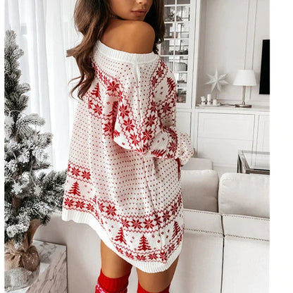 Julesweater til damer – Oversized off-shoulder-striktrøje i rød og hvid, hyggelig sweater til højtiden