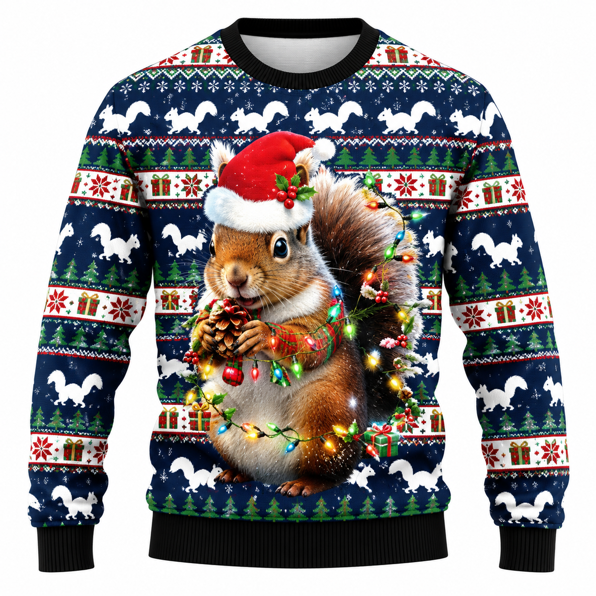 Julesweater til mænd | Print med snefnug, juletræer og lysmotiver | Afslappet pasform, rund hals og lange ærmer