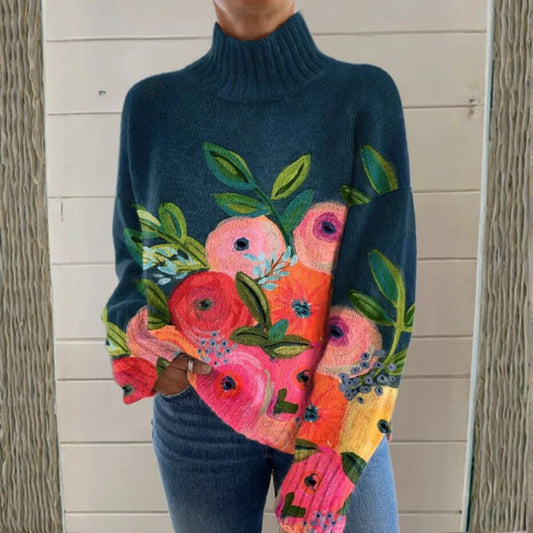 Løstsiddende striktrøje med rullekrave og blomsterprint til damer