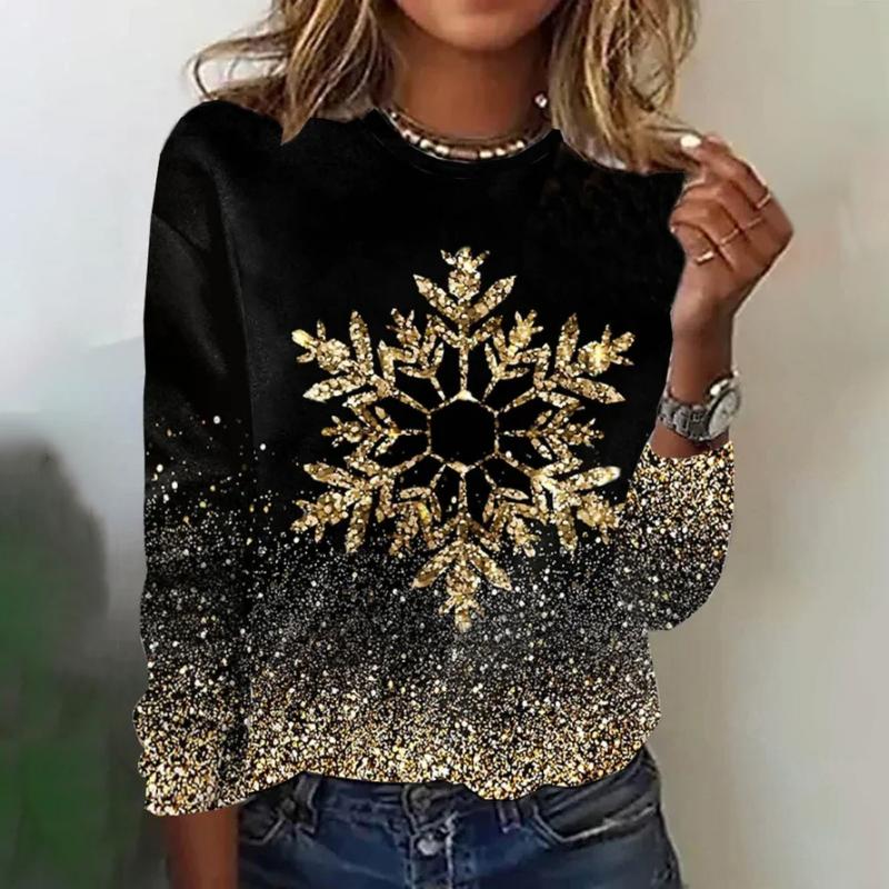 Langærmet t-shirt til damer med rund hals og glitrende snefnugprint - sort