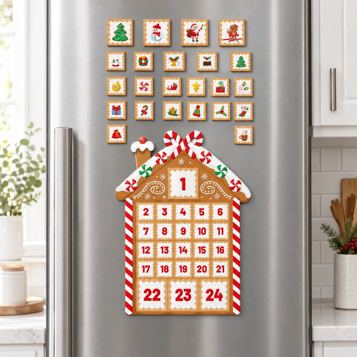 Magnetisk peberkagehus-julekalender – julekalender til køleskab med 24 julemagneter, 37,5 x 28,5 cm