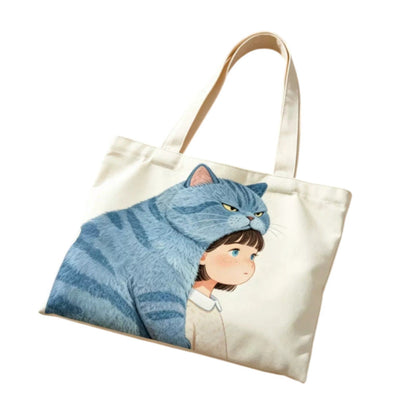 Mulepose i canvas med illustration af kat og dreng