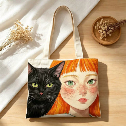 Mulepose i canvas med illustration af kat og dreng