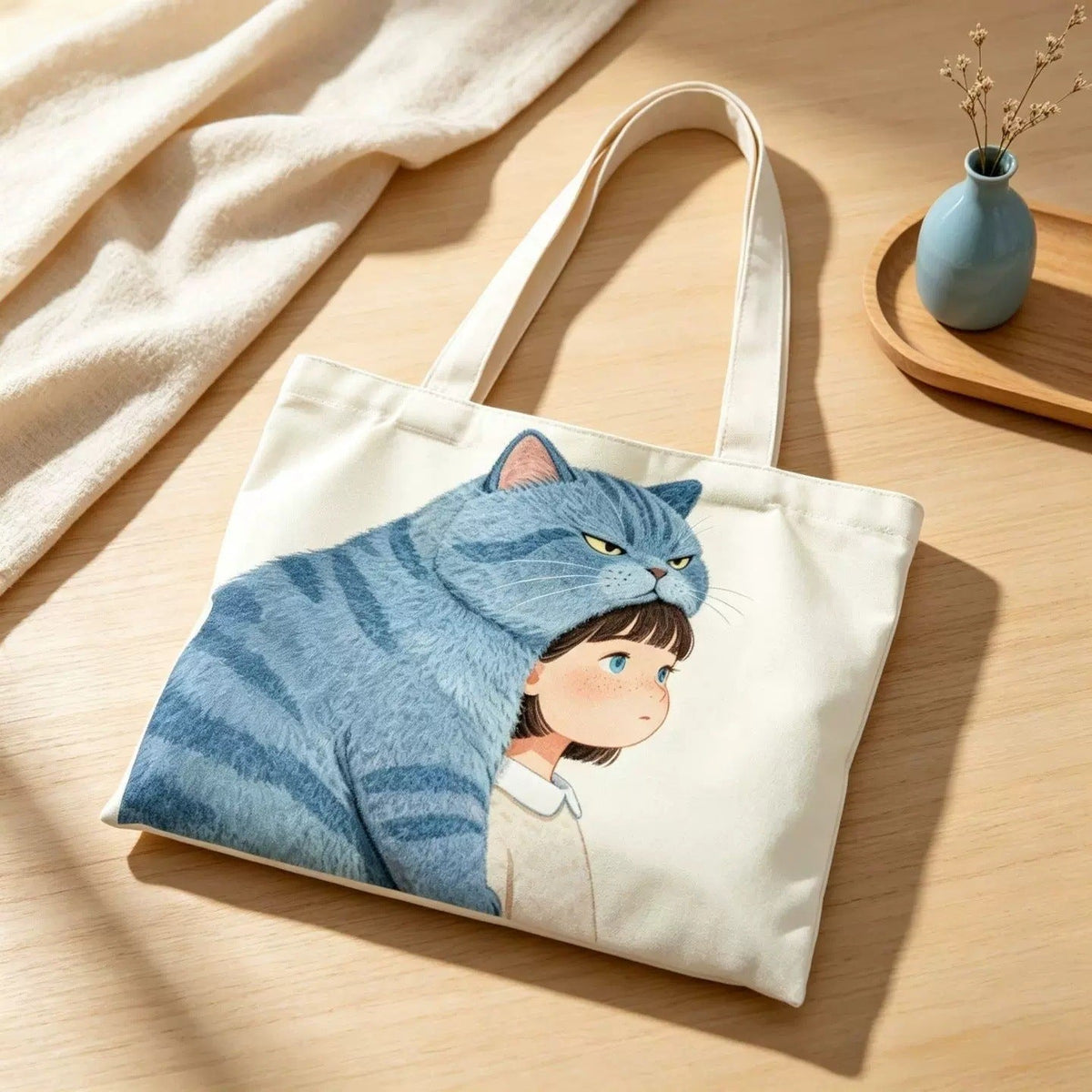 Mulepose i canvas med illustration af kat og dreng