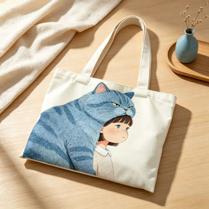 Mulepose i canvas med illustration af kat og dreng
