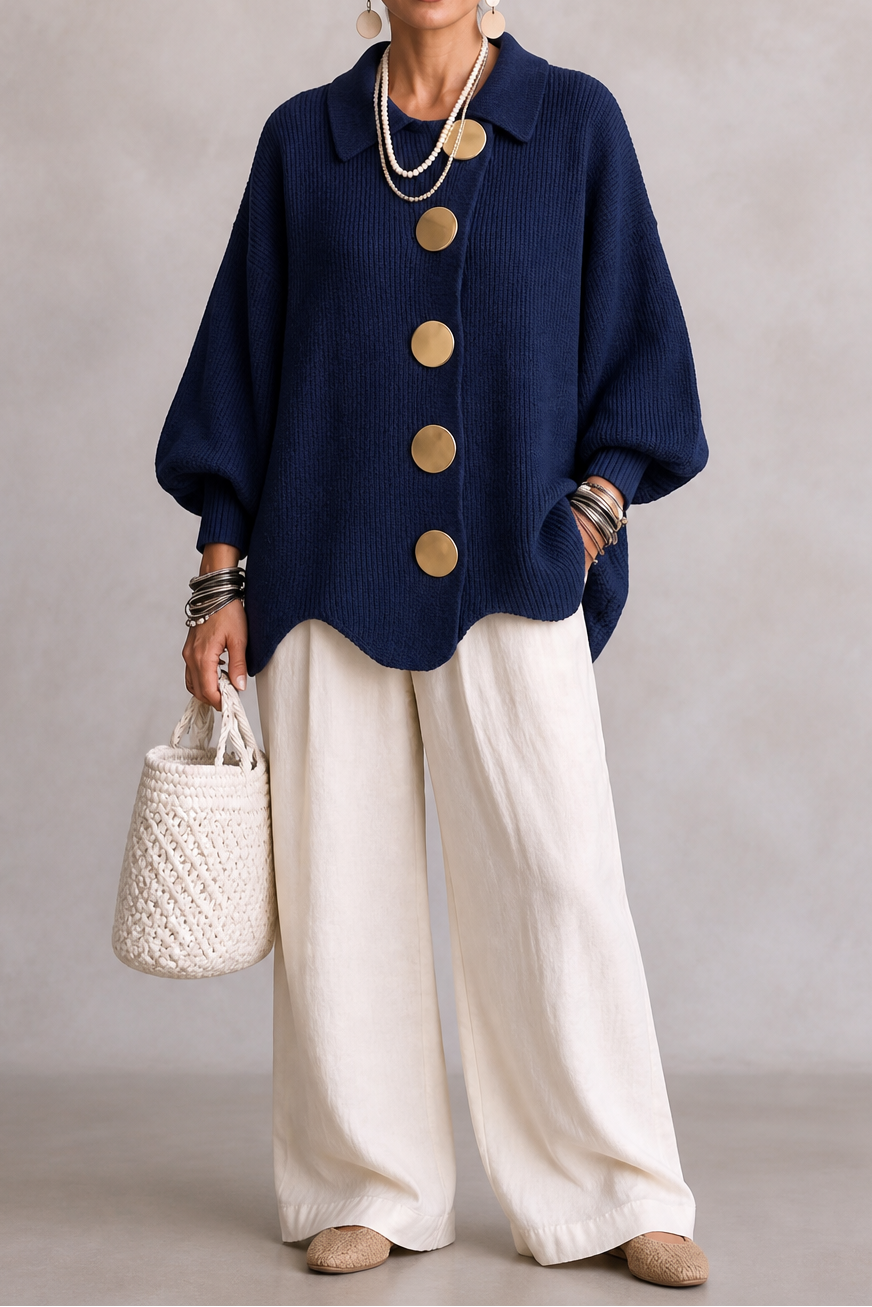 Oversized cardigan med knapper og bølgekant