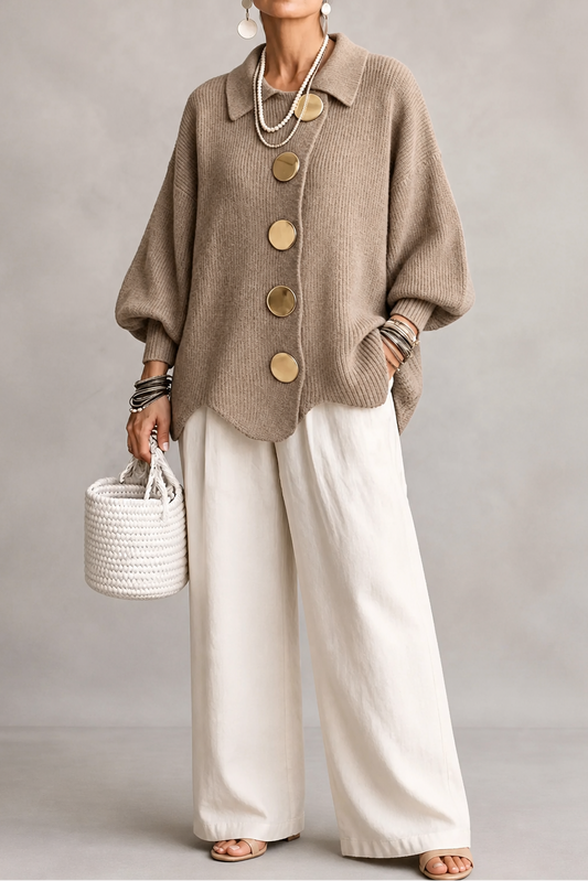 Oversized cardigan med knapper og bølgekant