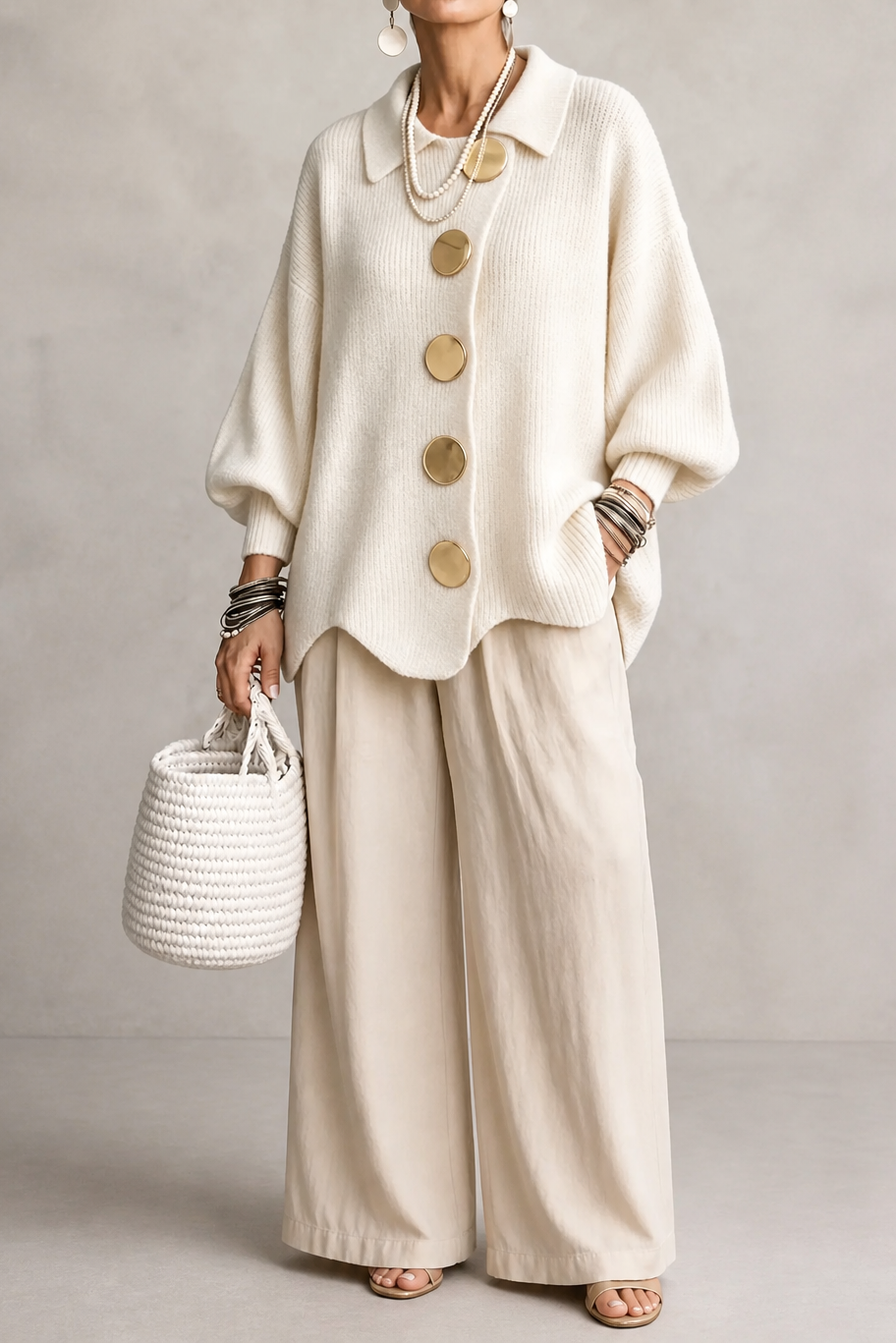 Oversized cardigan med knapper og bølgekant