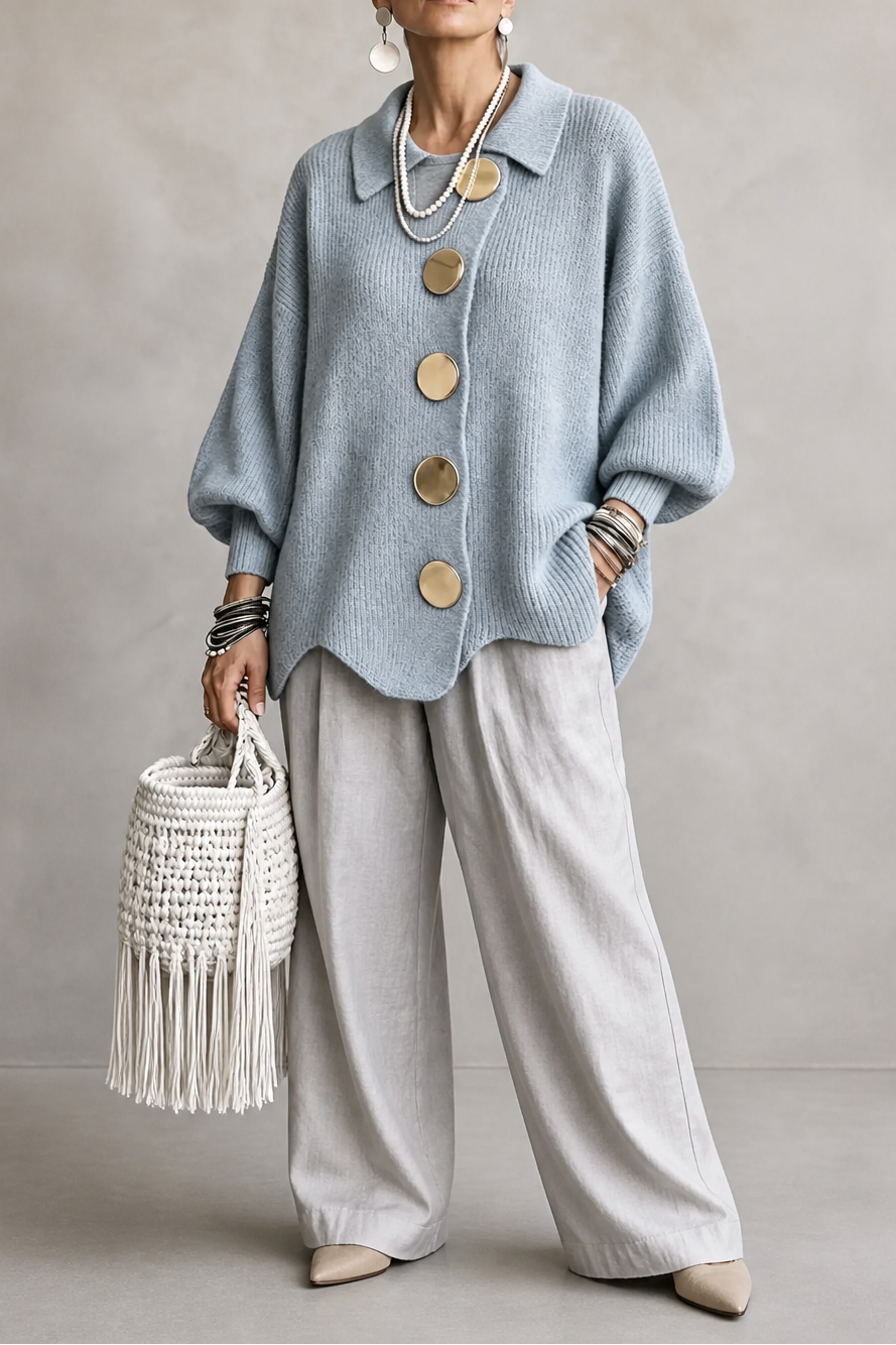 Oversized cardigan med knapper og bølgekant