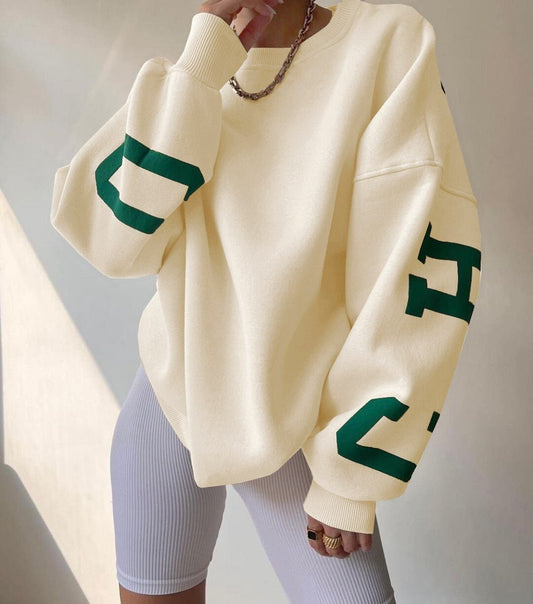 Oversized fleeceforet sweatshirt med rund hals og varsity-ærmer til damer