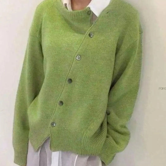 Oversized grovstrikket og ribstrikket damecardigan med knapper