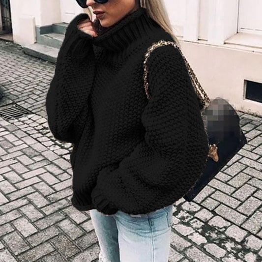 Oversized grovstrikket rullekravesweater til damer
