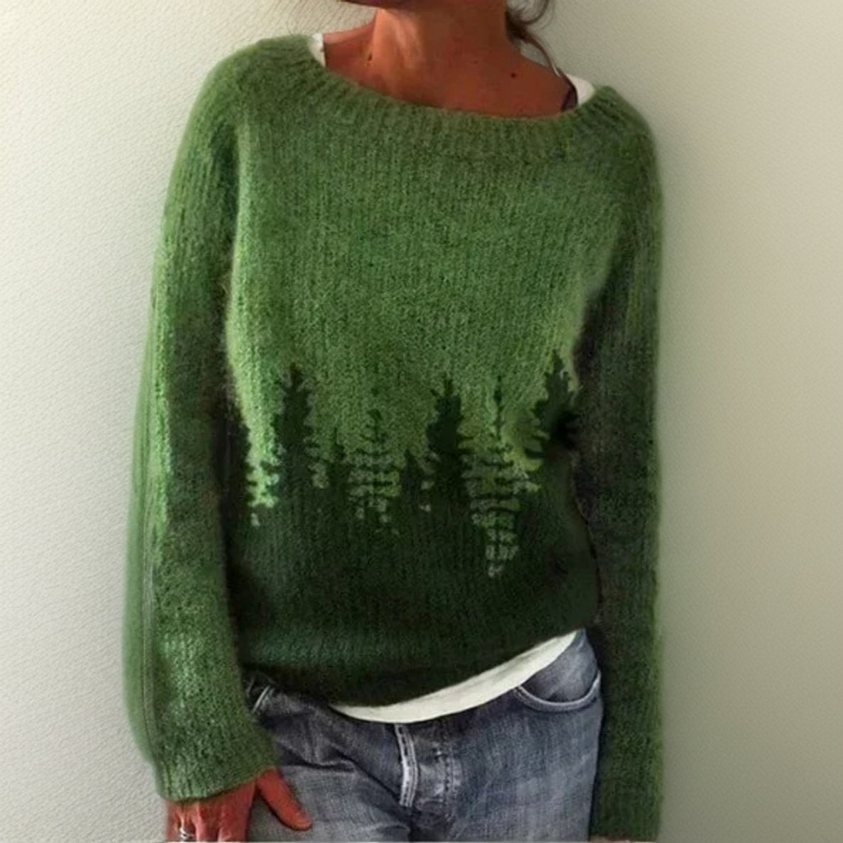 Oversized striktrøje med skovprint og rund hals til damer
