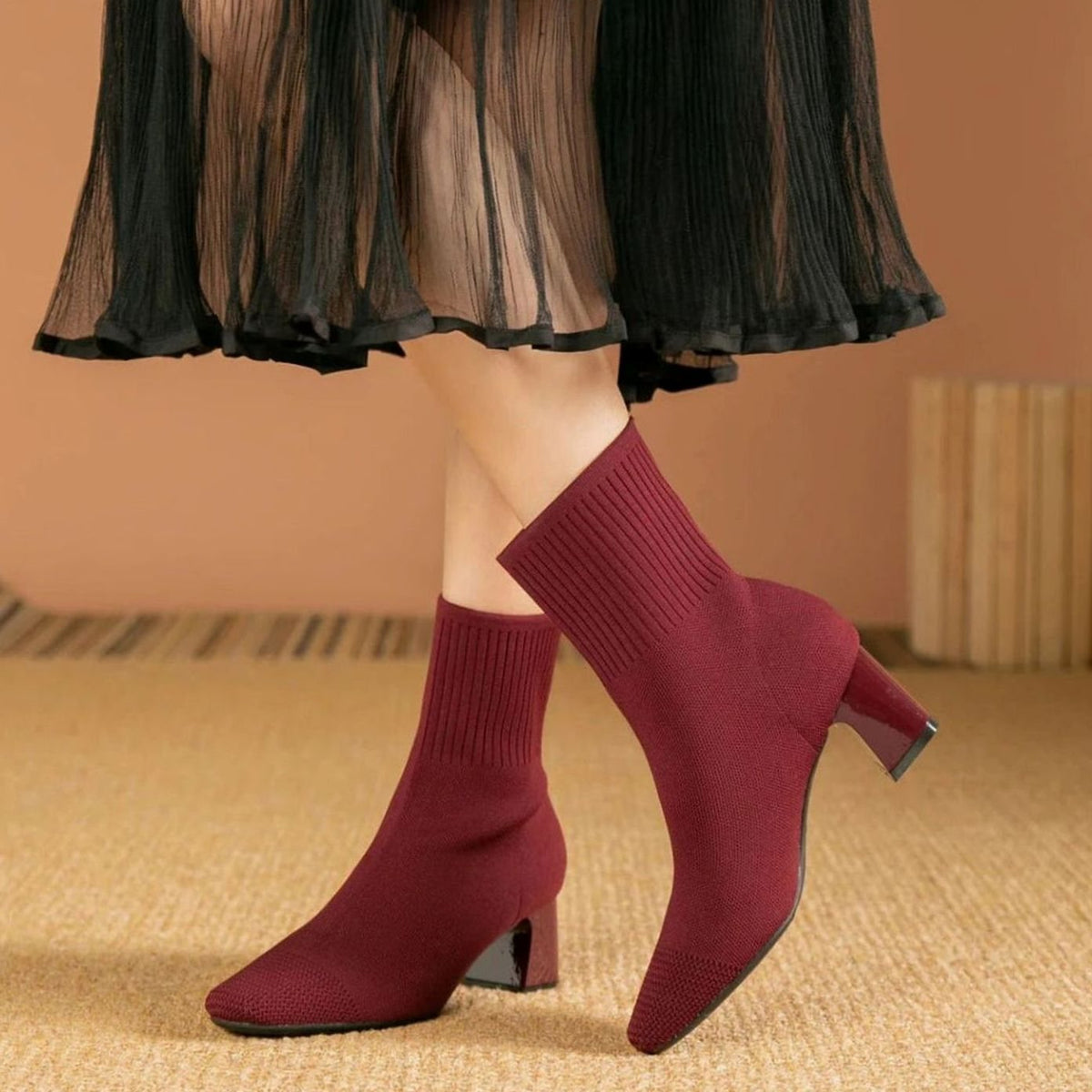 Ribstrikkede slip-on-ankelstøvler med blokhæl til damer
