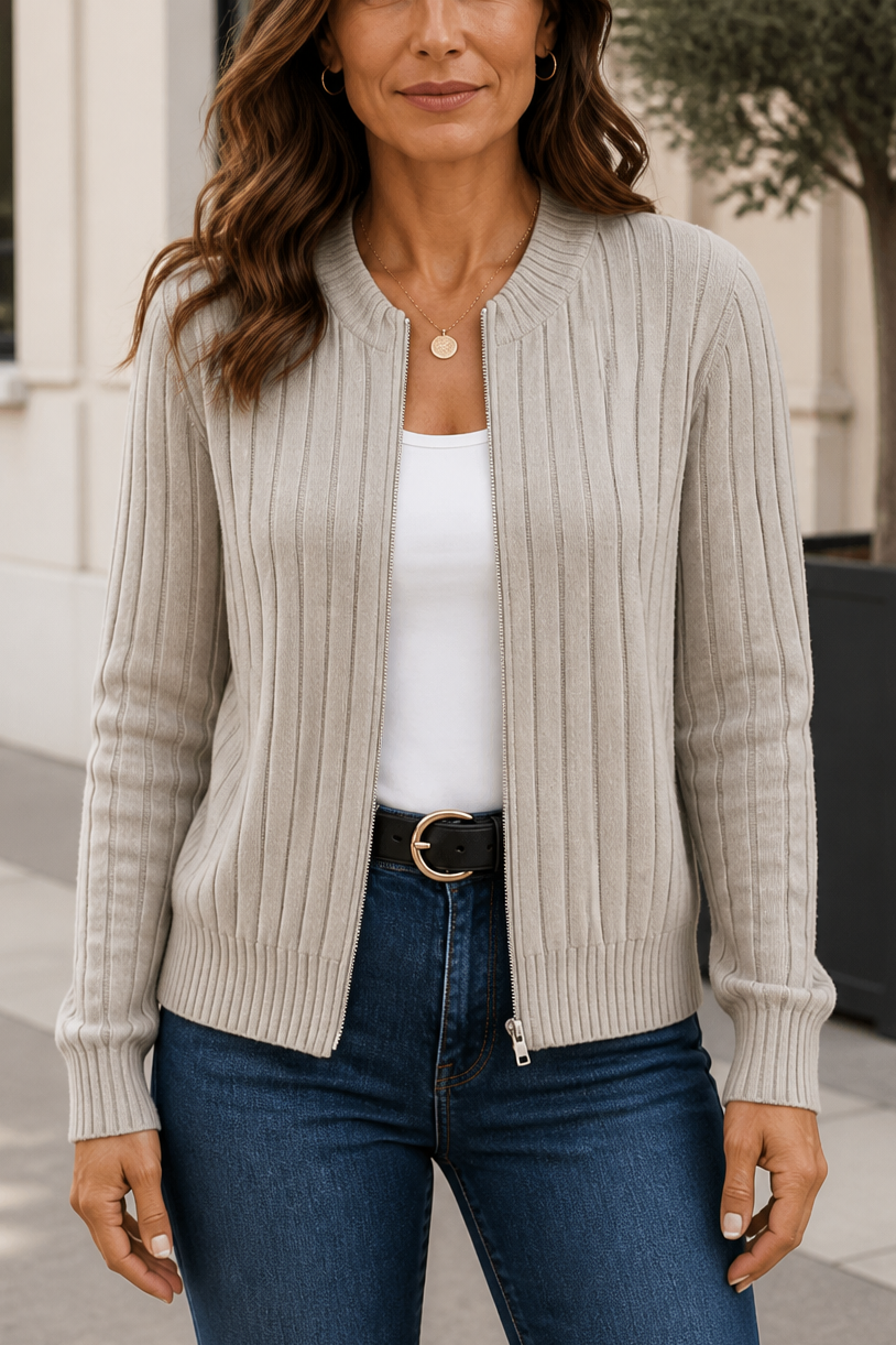 Ribstrikket cardigan med lynlås
