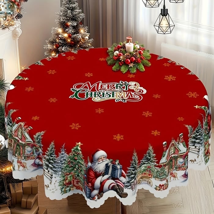 Rund juledug med bølgekant og festligt juleprint