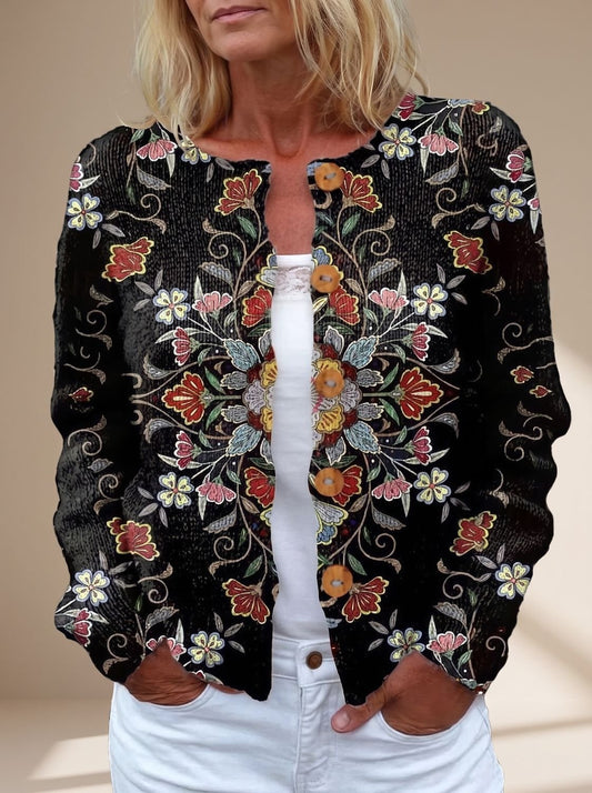 Strikket cardigan til damer med blomstermønster, gennemknappet og med lange ærmer