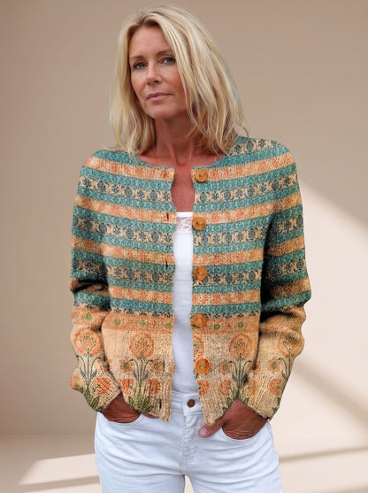 Strikket cardigan til damer med blomstermønster, gennemknappet og med lange ærmer