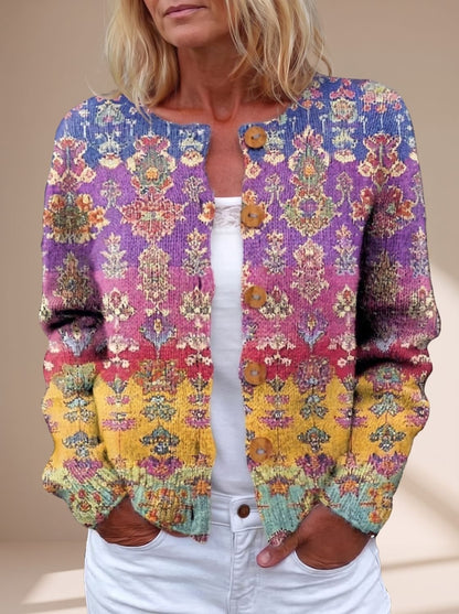 Strikket cardigan til damer med blomstermønster, gennemknappet og med lange ærmer