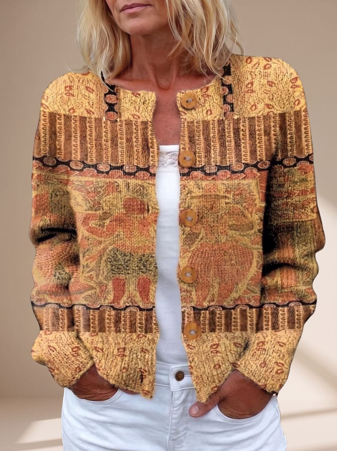 Strikket cardigan til damer med blomstermønster, gennemknappet og med lange ærmer