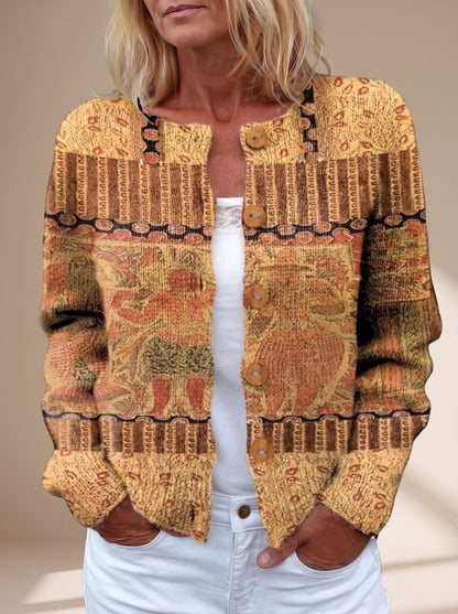 Strikket cardigan til damer med blomstermønster, gennemknappet og med lange ærmer