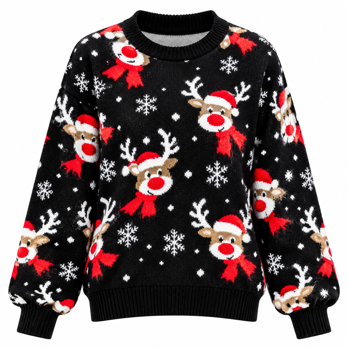 Strikket julesweater til damer | Juleinspireret rensdyrmotiv & afslappet pasform | Rund halsudskæring, lange ærmer & ribstrikkede manchetter