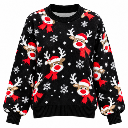 Strikket julesweater til damer | Juleinspireret rensdyrmotiv & afslappet pasform | Rund halsudskæring, lange ærmer & ribstrikkede manchetter