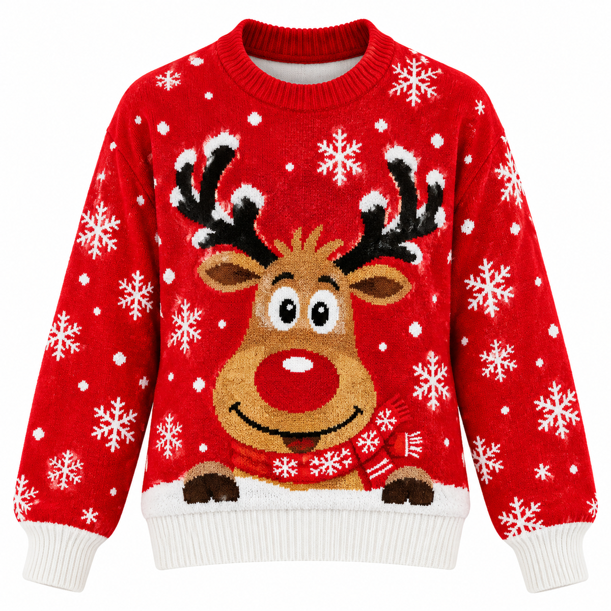 Strikket julesweater til damer | Juleinspireret rensdyrmotiv & afslappet pasform | Rund halsudskæring, lange ærmer & ribstrikkede manchetter