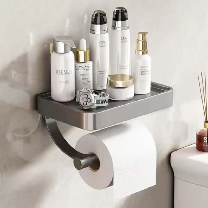 Toiletpapirholder i rustfrit stål med hylde
