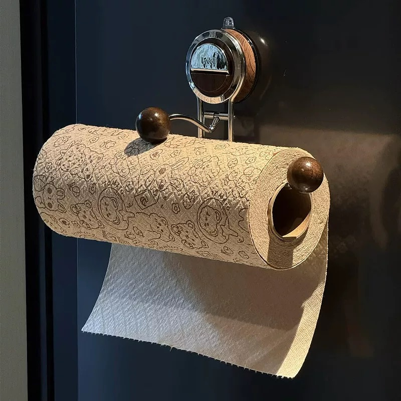 Toiletpapirholder med sugekop uden boring og trælook – rustfrit stål, nem montering på glatte overflader