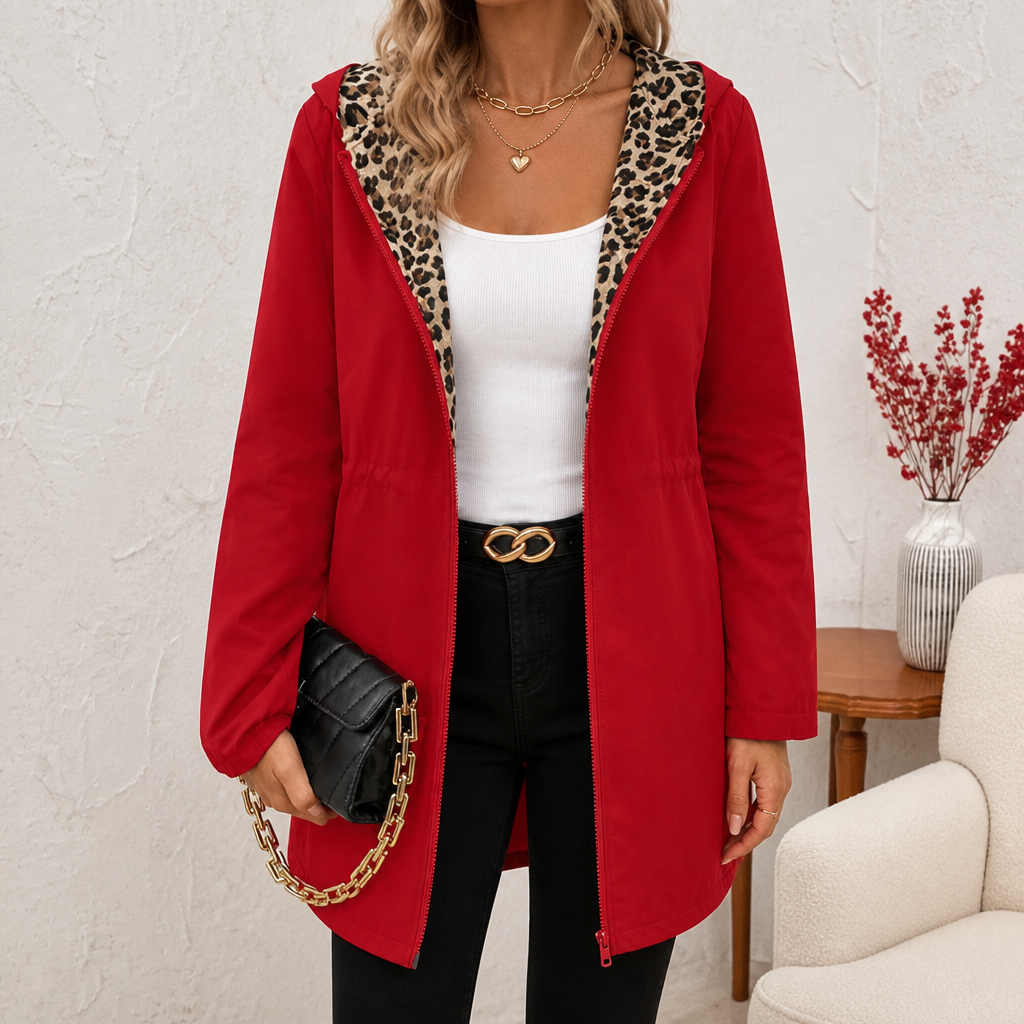 Vendbar frakke med hætte og leopardprint