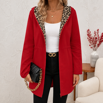 Vendbar frakke med hætte og leopardprint