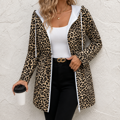 Vendbar frakke med hætte og leopardprint