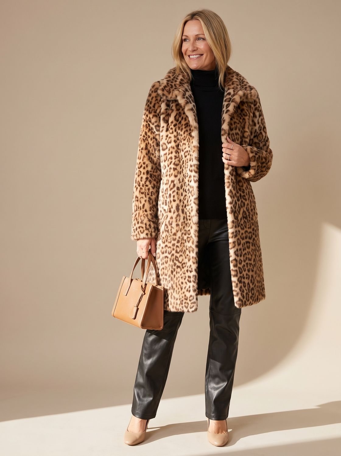 Vinterfrakke i imiteret pels med leopardprint til damer