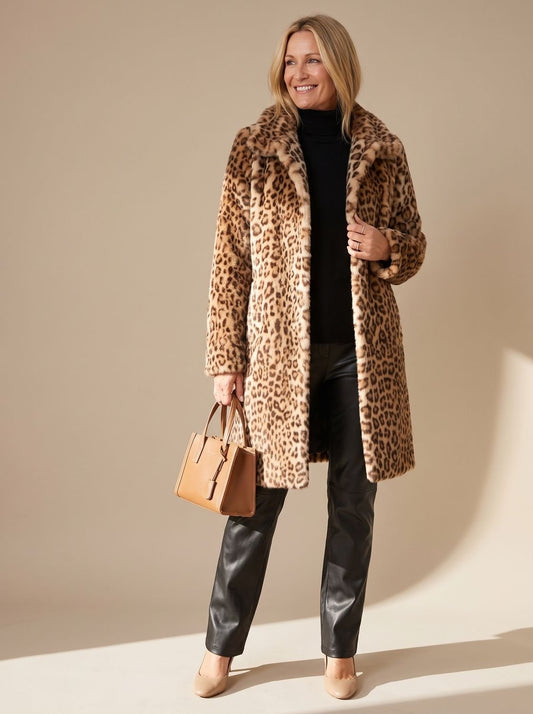 Vinterfrakke i imiteret pels med leopardprint til damer