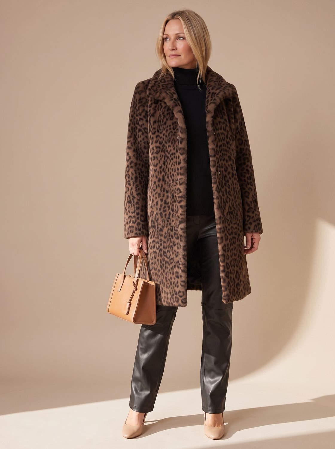 Vinterfrakke i imiteret pels med leopardprint til damer